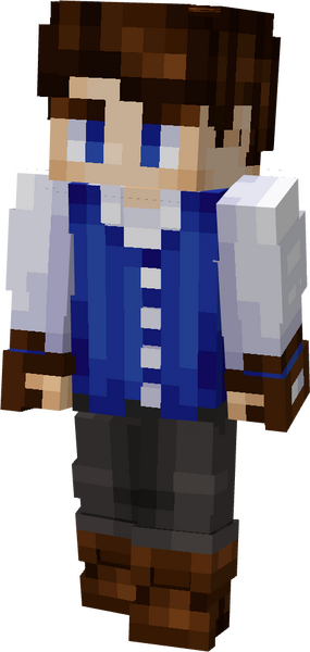 Boy in a blue striped vest, with a white undershirt, grey pants, and brown hair.