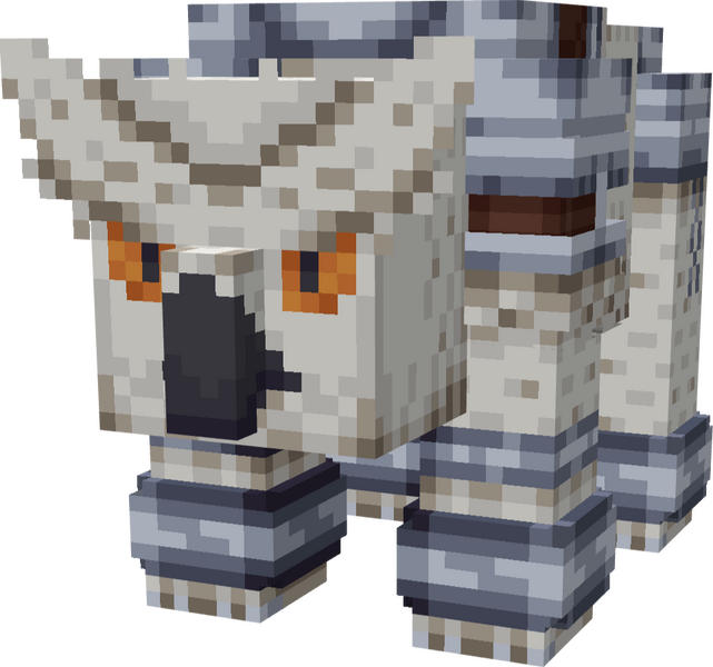 Hulking white creature on four legs, with bright orange eyes and an angry expression