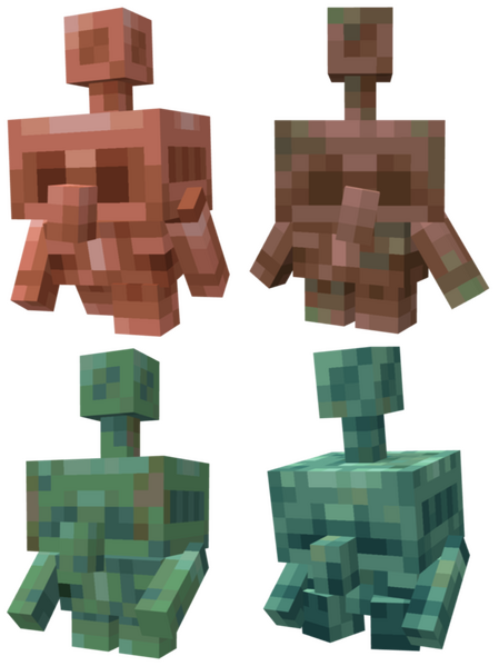 A Copper Golem, with 4 stages of oxidization ranging from shiny to green and crusted.