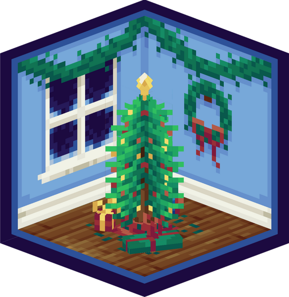 A blue room with windows; all walls are decorated with garlands and wreaths, with a decorated Christmas tree in the center.