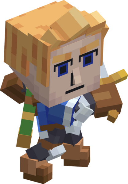 A blonde man weilding a sword, posed to strike.