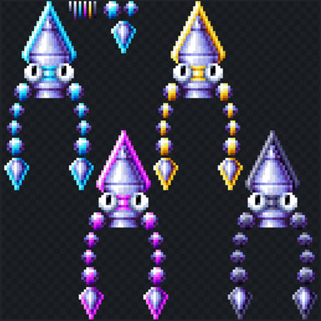 A little metallic squid with googley eyes, coming in 4 colors (CMYK)