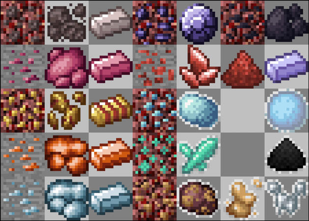 A collection of different ores and ingots, as well some some powders and rocks.